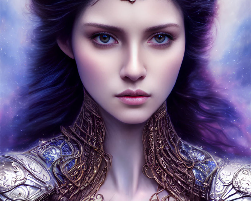 Regal woman in ornate armor with cosmic background and blue eyes