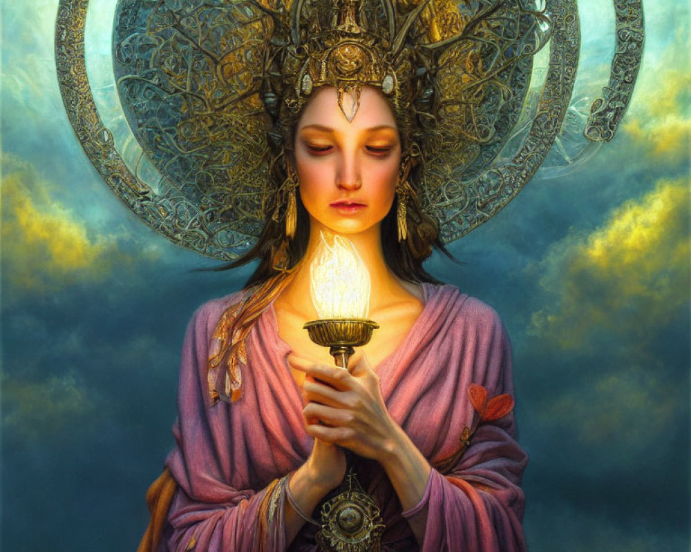 Serene woman with elaborate halo and glowing light in twilight sky