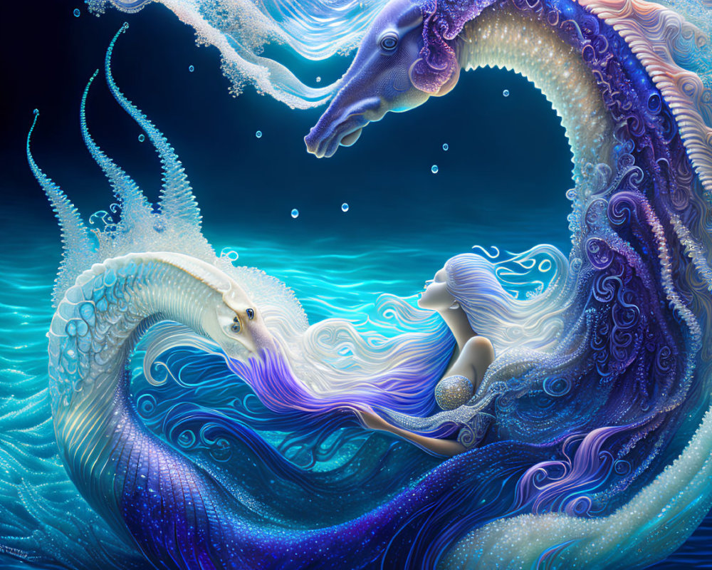 Illustration of mermaid, ornate seahorses, and marine details