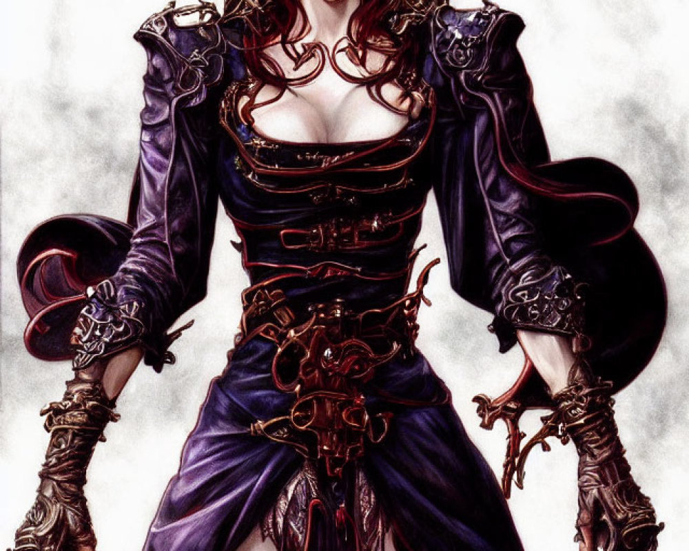 Illustration of woman in red hair and dark fantasy armor with circular blade.