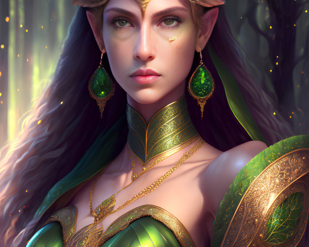 Fantasy portrait of woman in green and gold armor with leaf motifs and intricate jewelry