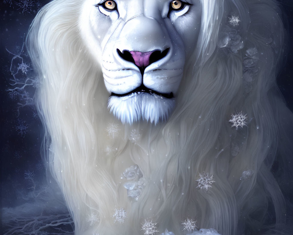 White Lion Digital Artwork with Blue Eyes in Snowflakes and Starry Background