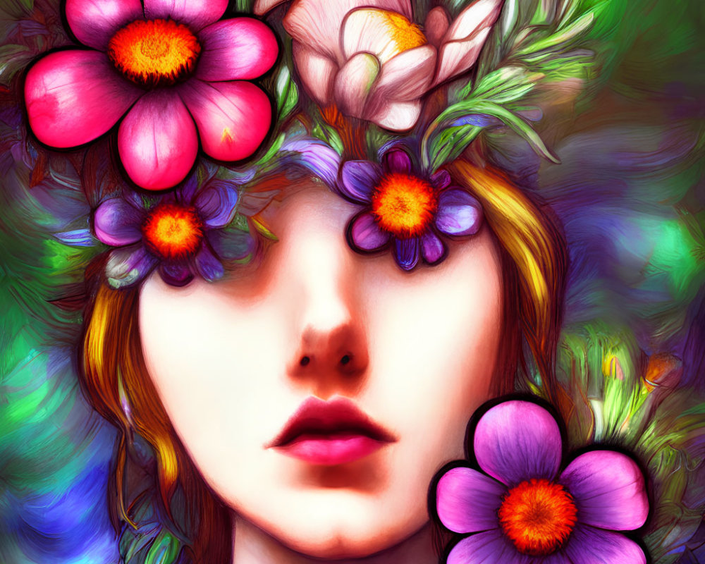 Colorful portrait with floral wreath on abstract background