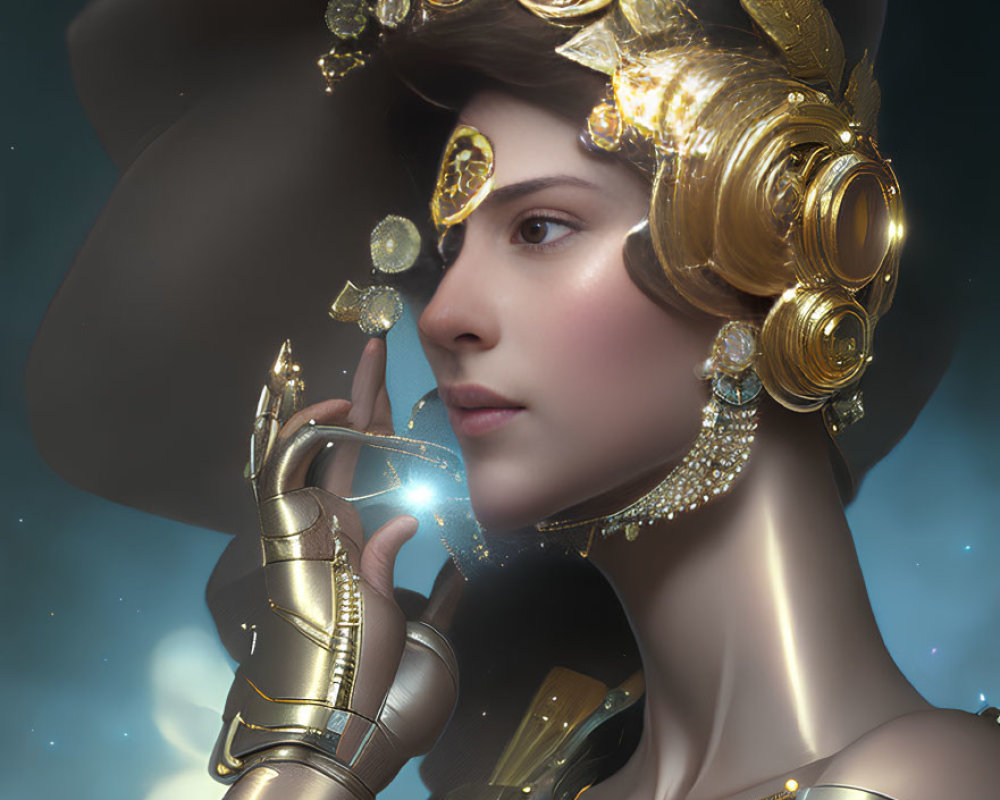 Digital artwork: Woman in golden laurel headdress with floating gears, futuristic armor, and wide-br