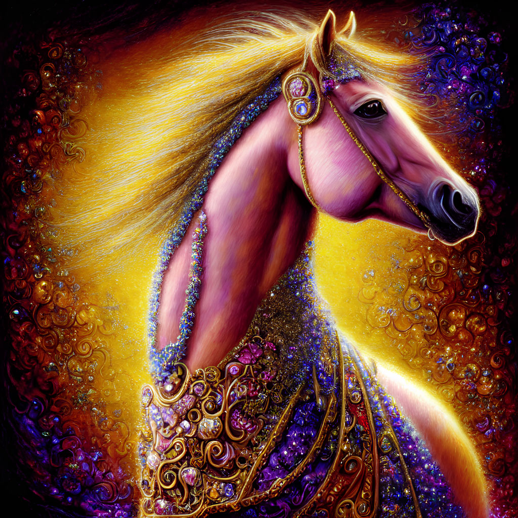 Colorful Embellished Horse with Sparkling Jewelry on Fiery Background
