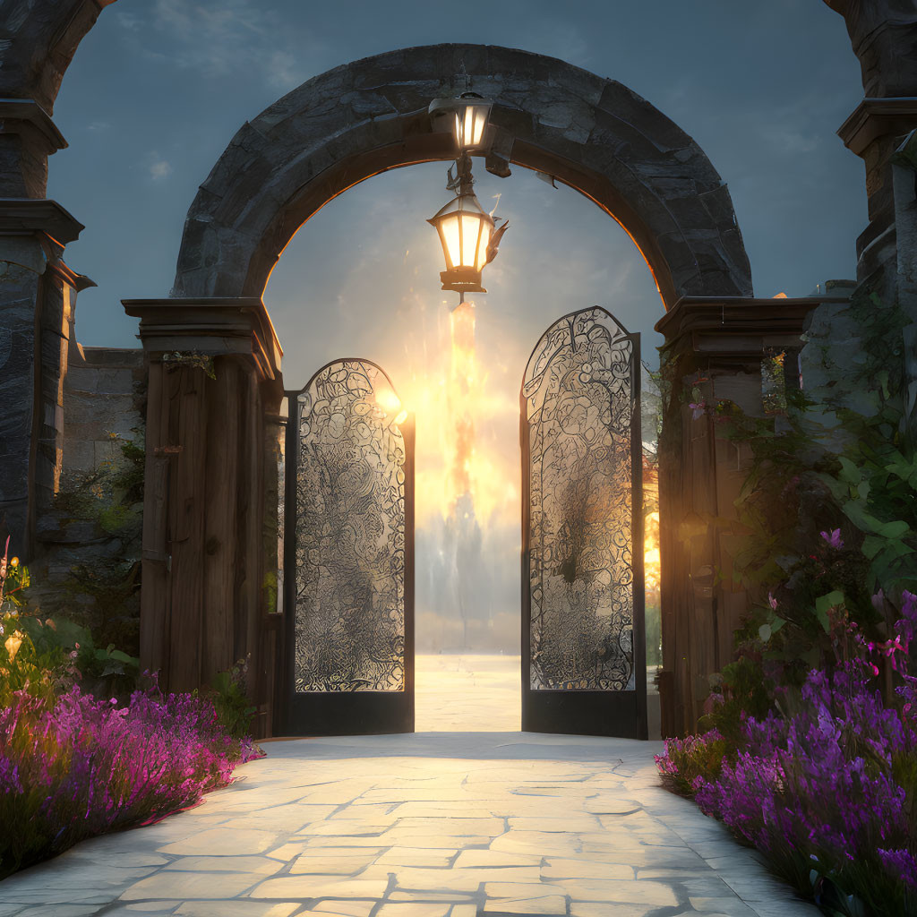 Ornate open gates with stone archways and hanging lantern, surrounded by flowering plants.
