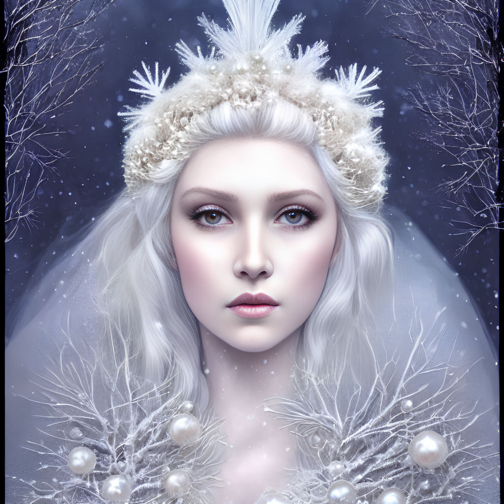 Pale-skinned woman with white hair and frost-like crown in wintry setting