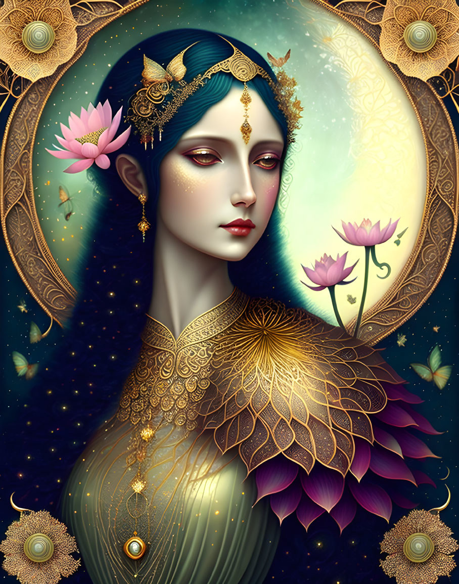 Woman with Blue Hair and Gold Jewelry in Ornate Frame with Lotus Motif under Crescent Moon