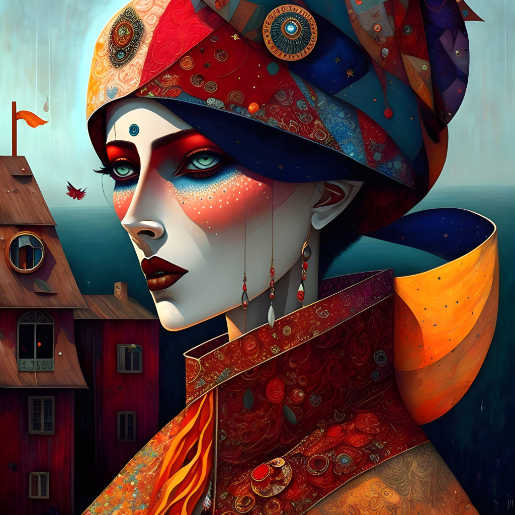Colorful Turban and Intricate Earrings on Female Figure with Whimsical Houses Background