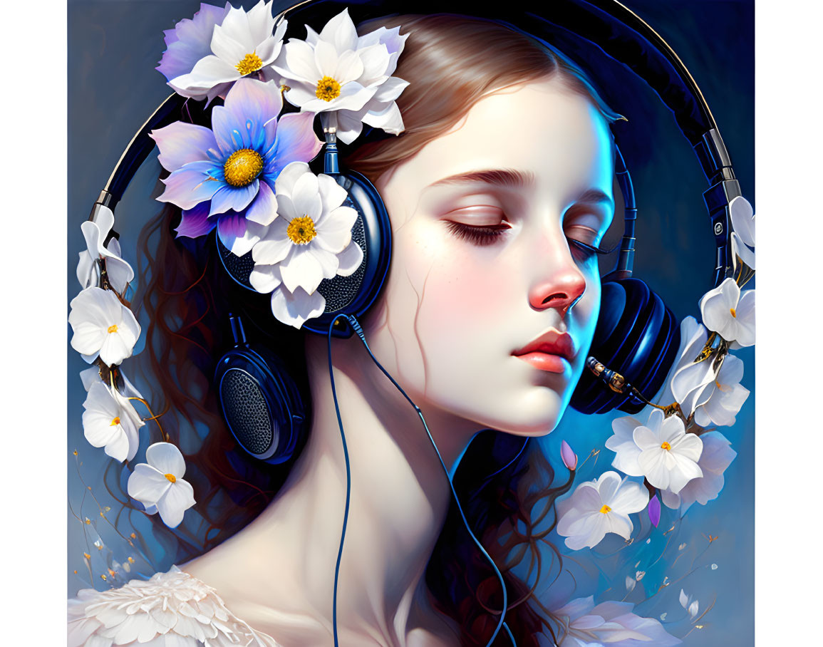 Young woman in headphones surrounded by white and blue flowers on moody blue background