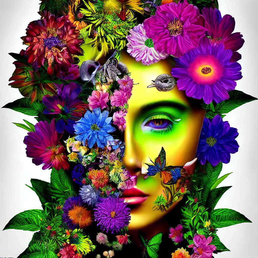 Colorful flower and butterfly woman's face artwork with green eye