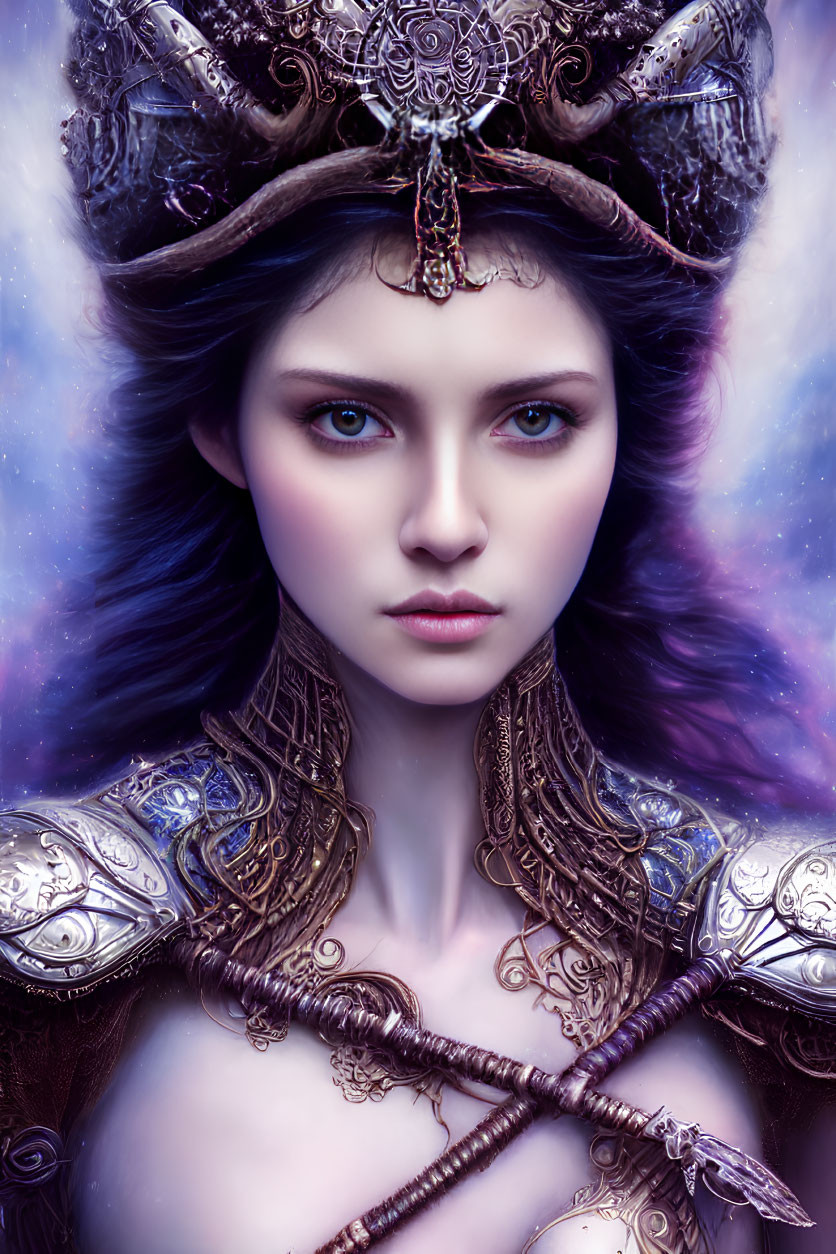 Regal woman in ornate armor with cosmic background and blue eyes