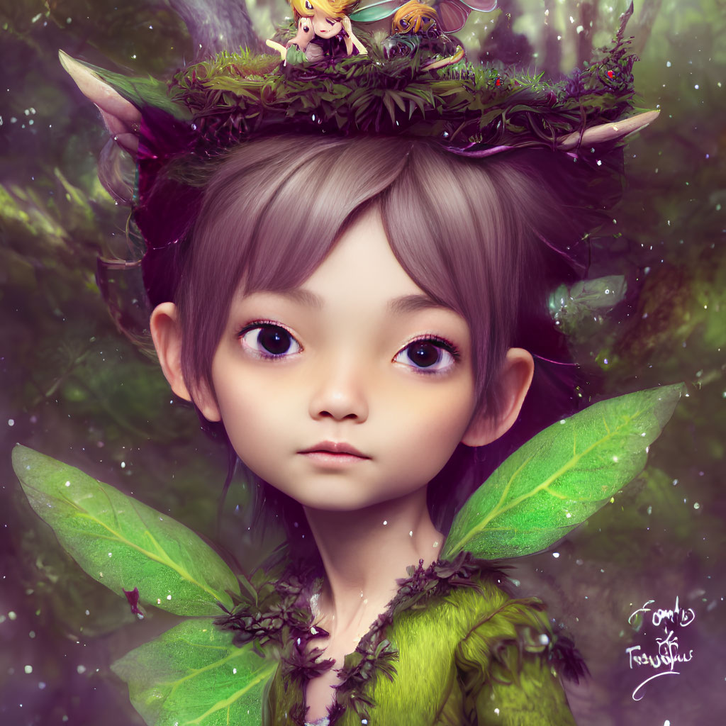 Fantasy character with purple eyes, leafy wings, and floral crown in mystical forest