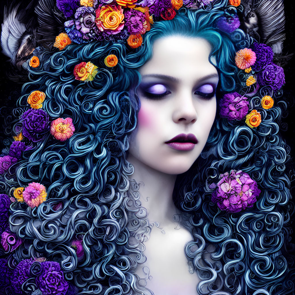Colorful digital portrait of woman with curly blue hair and floral adornments.