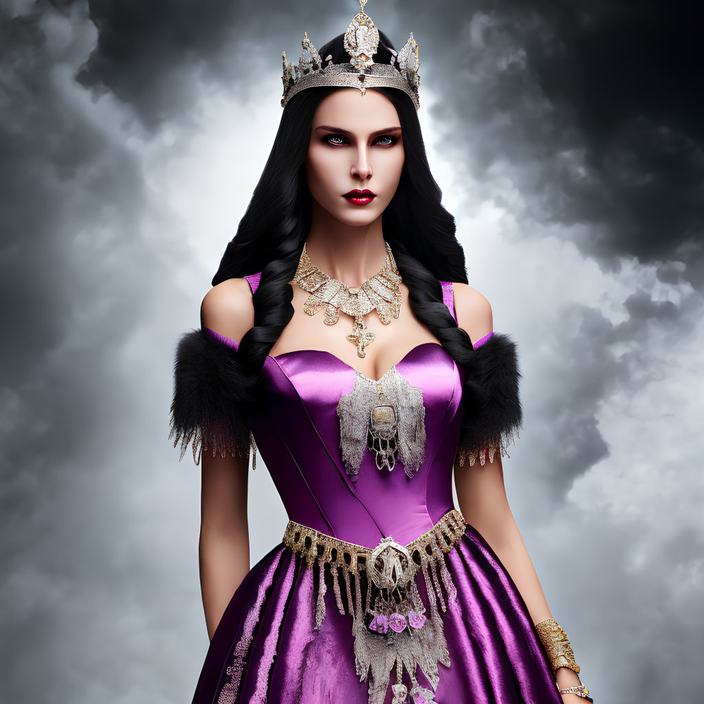 Dark-haired woman in purple medieval dress with fur trim, crown, gold jewelry, stormy sky
