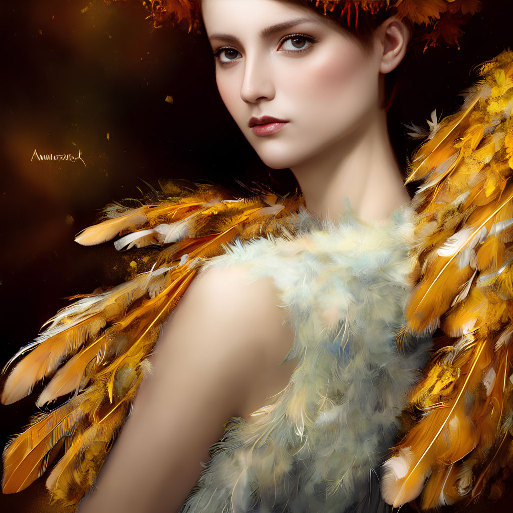 Woman portrait with serene expression and golden-brown feathers on dark backdrop