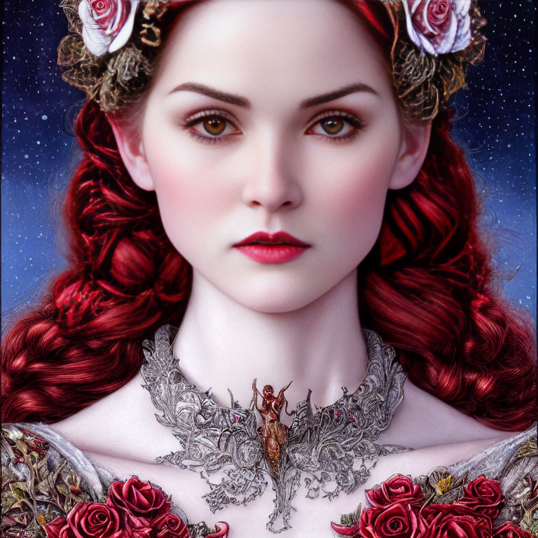Portrait of Woman with Red Braided Hair and Floral Necklace on Starry Background