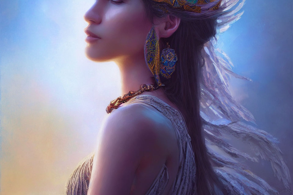 Woman with intricate jewelry, ethereal crown, and angelic feathers.