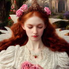 Woman with red hair in feathery outfit holding pink rose