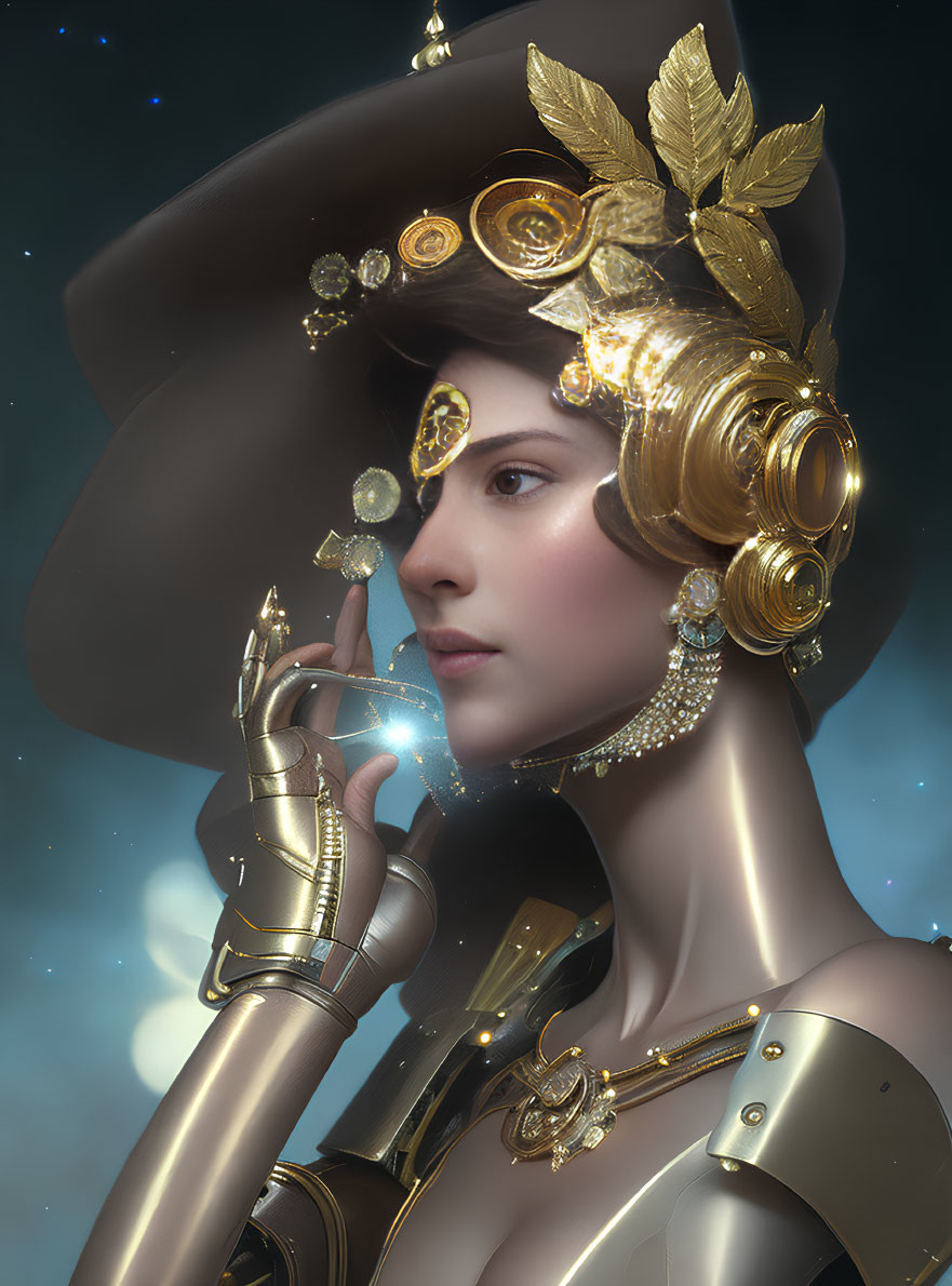 Digital artwork: Woman in golden laurel headdress with floating gears, futuristic armor, and wide-br