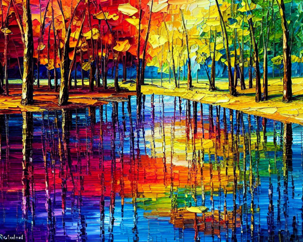 Colorful autumn riverside painting with vibrant palette and expressive brushwork