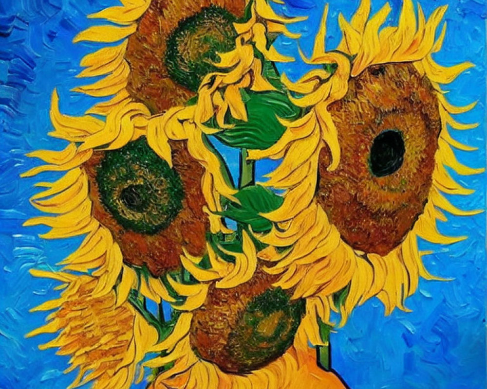 Sunflowers Painting with Thick Brushstrokes on Blue Background