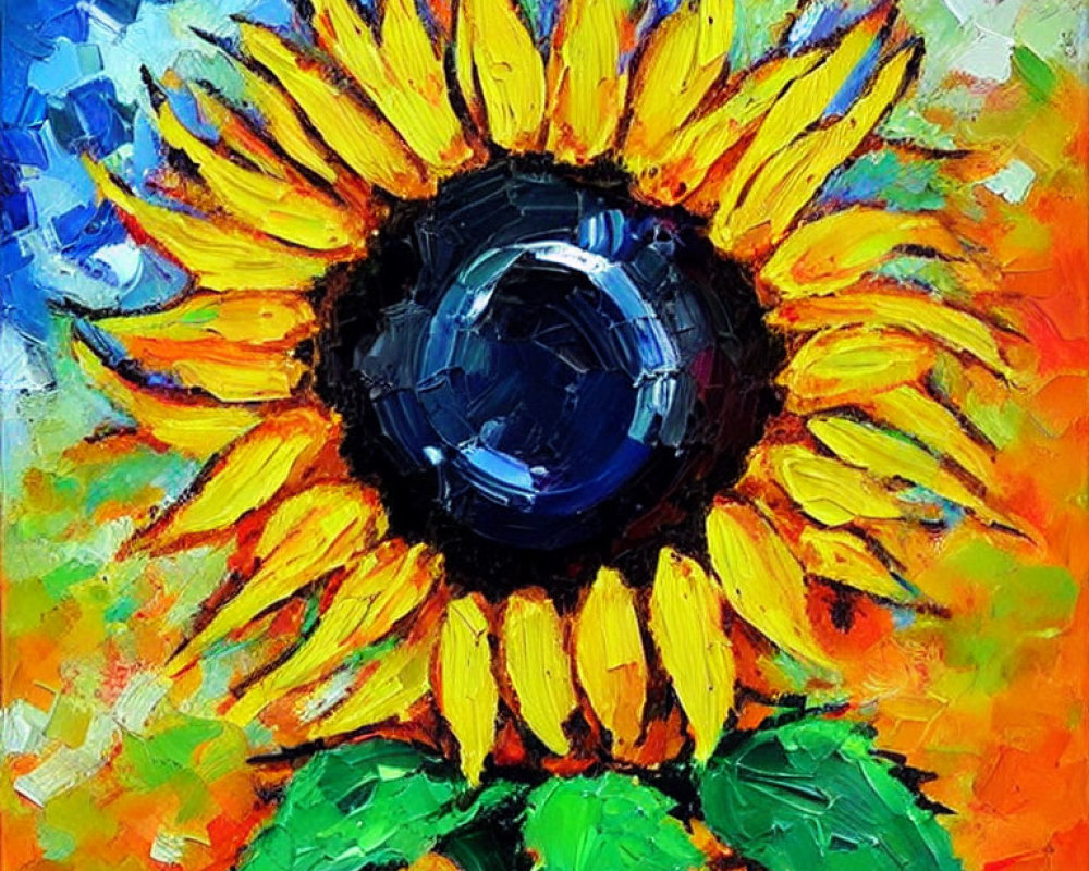 Colorful sunflower painting with bold yellow petals and blue center