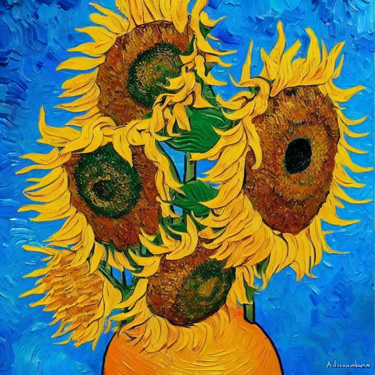 Sunflowers Painting with Thick Brushstrokes on Blue Background