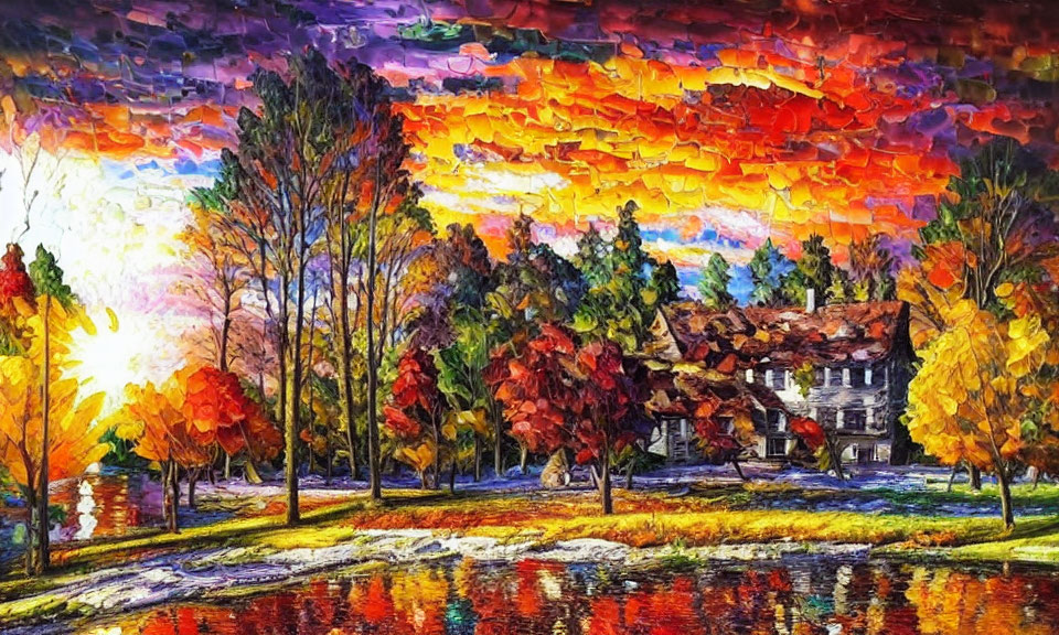 Colorful Lakeside House Painting with Autumn Trees and Sunset Sky