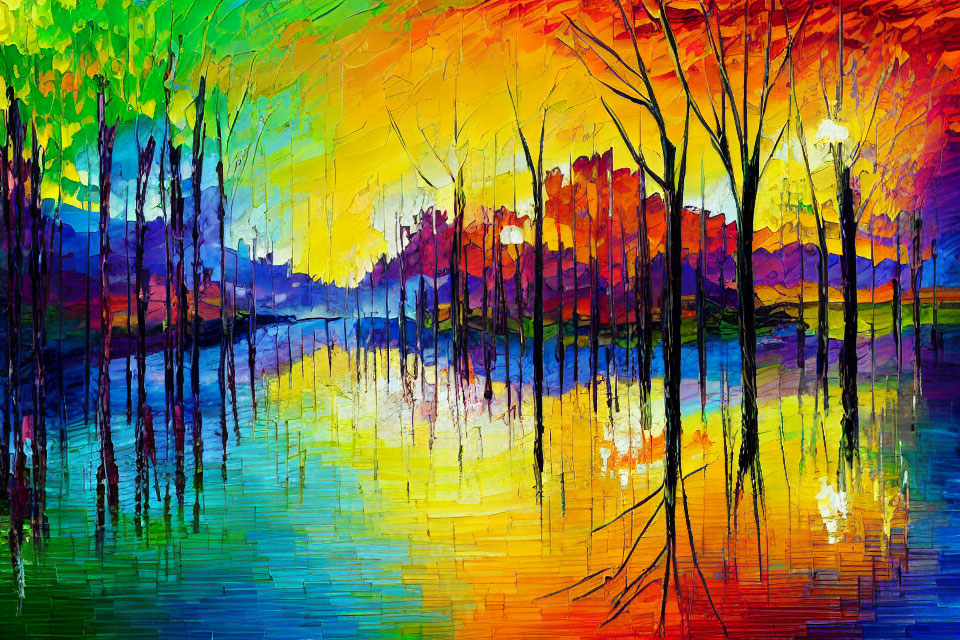Colorful Impressionistic Landscape Painting with Trees and Sunset Sky
