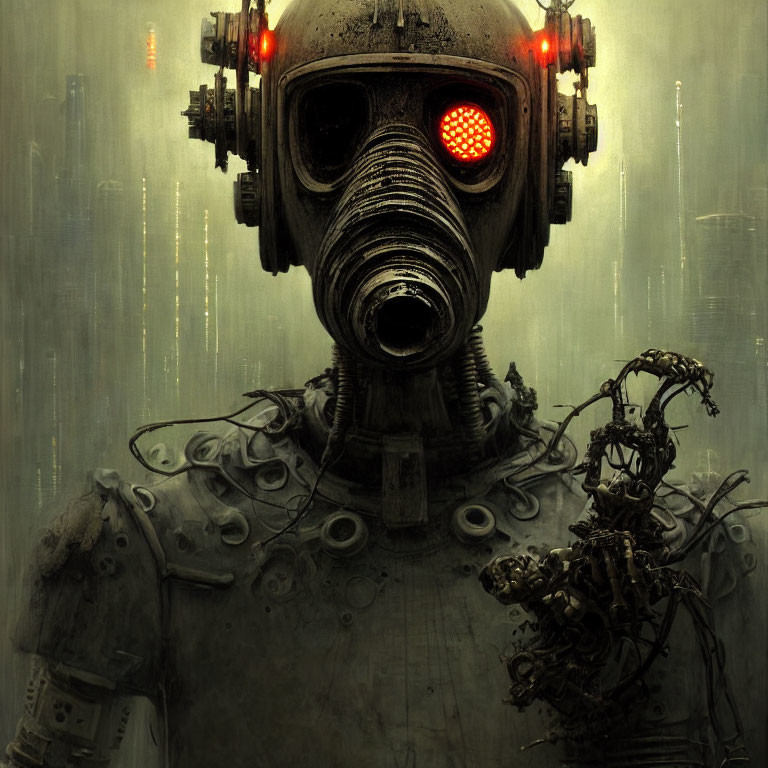 Futuristic robot with gas mask face and red glowing eyes in industrial setting