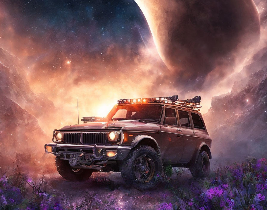 Exploration vehicle in alien landscape with purple flora and giant planet.