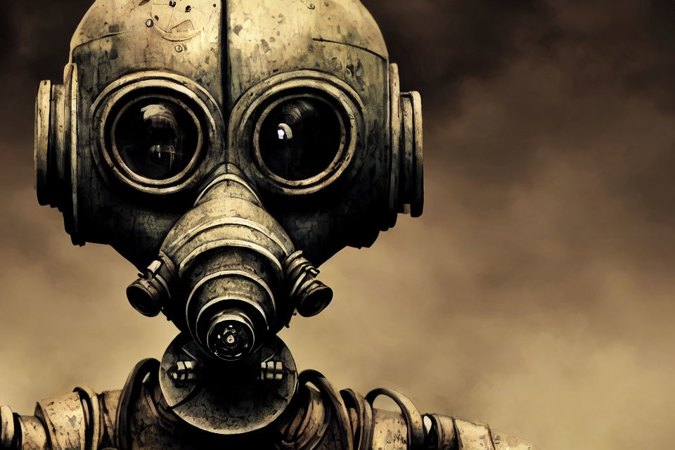 Steampunk robotic figure with gas mask and round eyes on sepia background