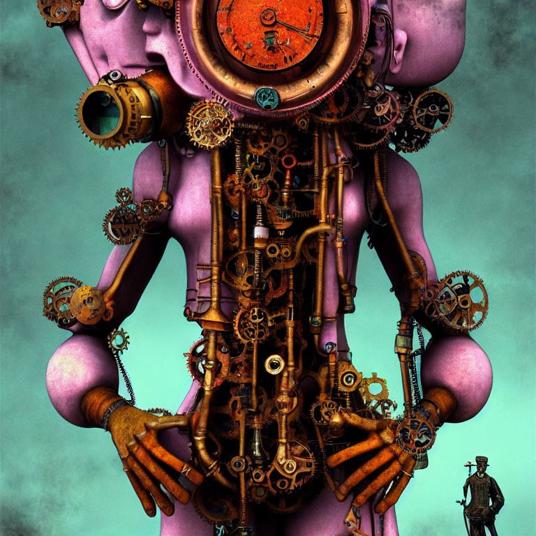 Steampunk robot with cogs and gears beside figure in top hat