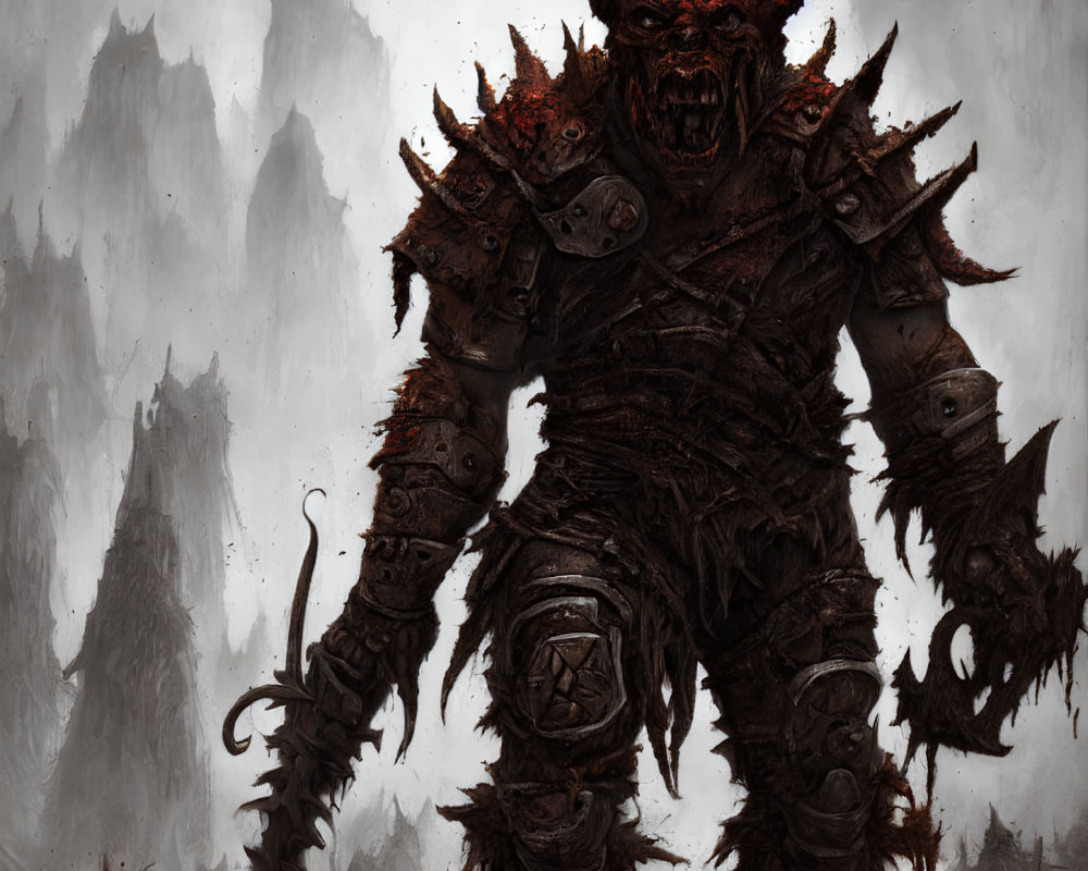 Armored demon with glowing red eyes in mountainous landscape