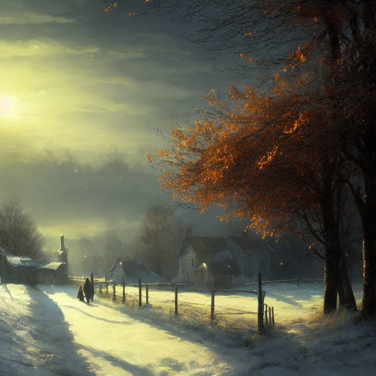 Snowy Winter Dusk: Sun setting over village houses, leafy tree, and snow-covered ground