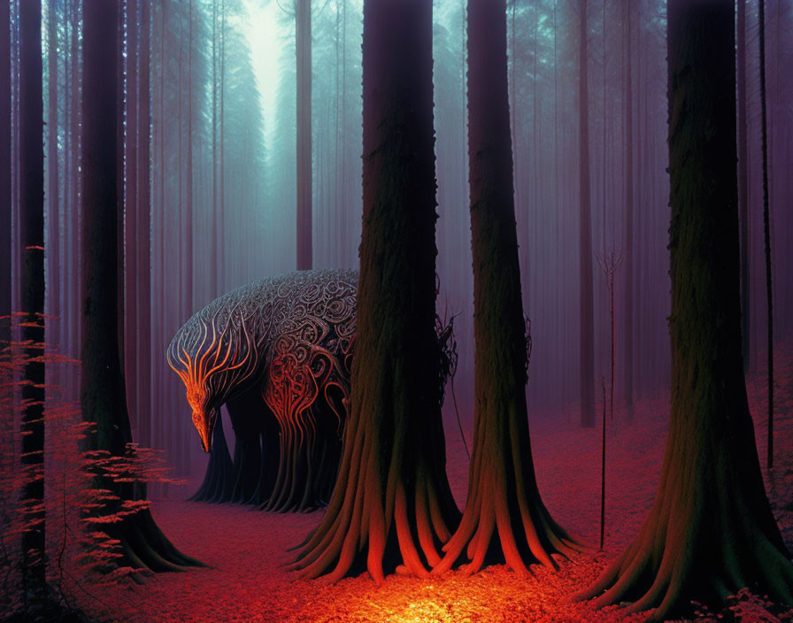 Ornate patterned mystical creature in red-tinged forest