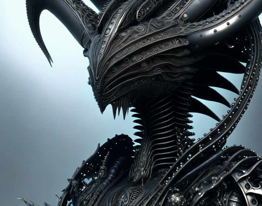 Detailed Close-Up of Biomechanical Alien Creature with Dark Metallic Colors