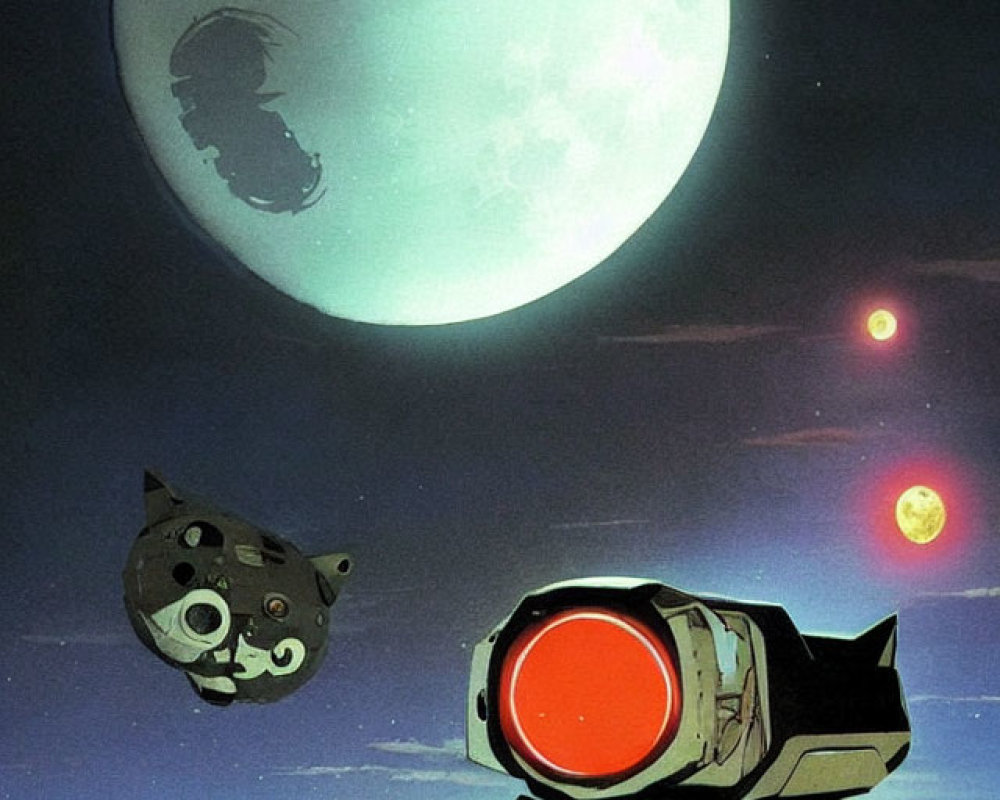 Stylized robotic cat with red viewport in barren landscape under large moon and planets, accompanied by flying