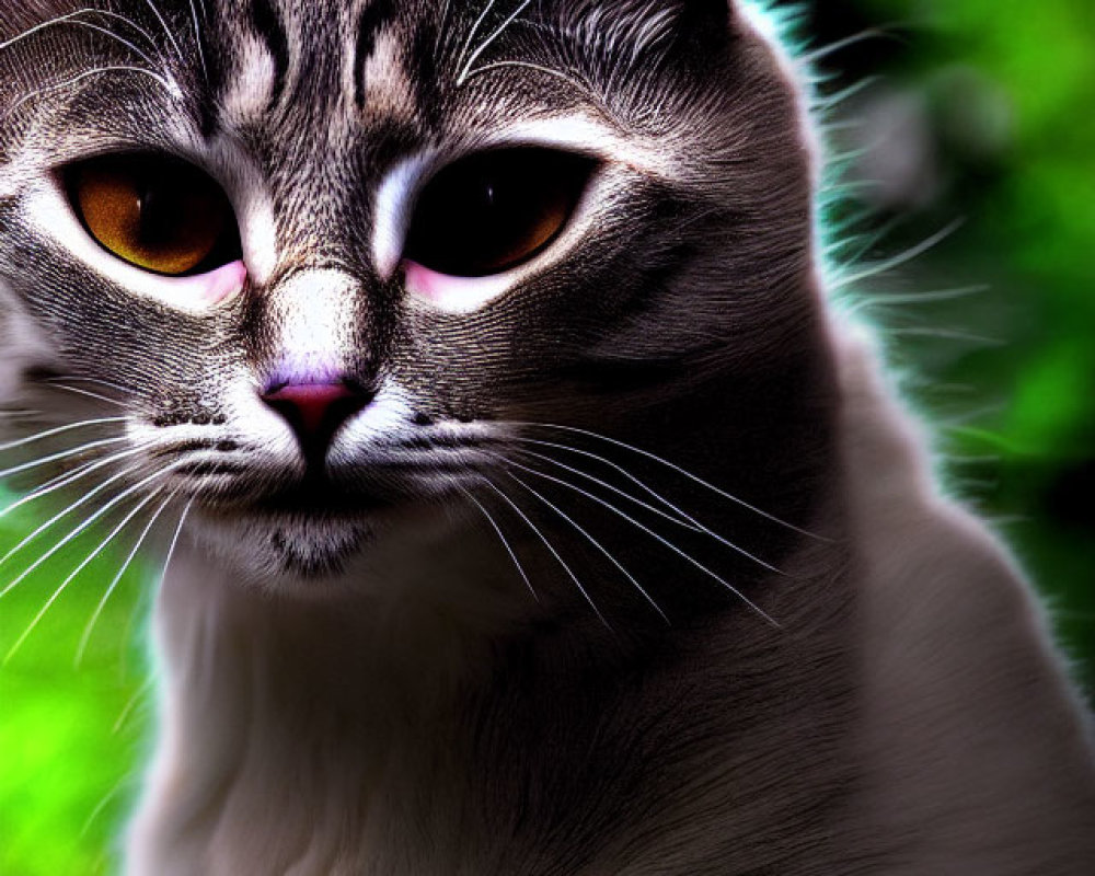 Grey and White Cat with Amber Eyes and Facial Markings on Green Background