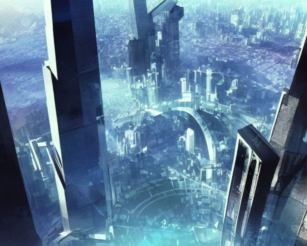 Futuristic cityscape with tall skyscrapers on a planet.