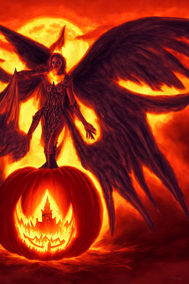 Winged creature on jack-o’-lantern with castle silhouette in fiery backdrop