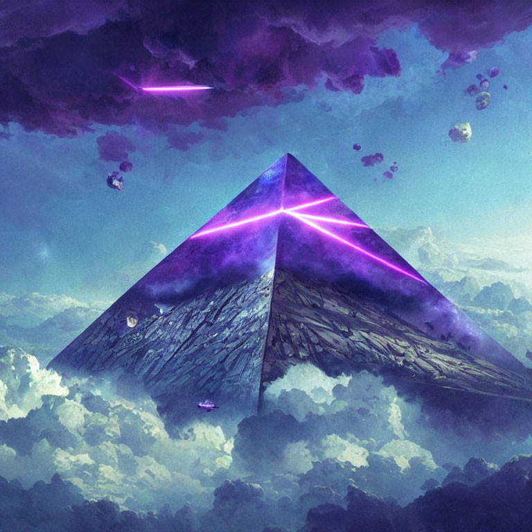 Majestic triangular structure emitting purple light beams in cloudy sky