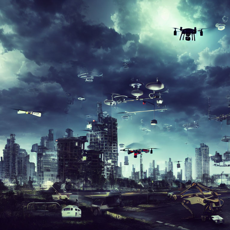 Futuristic cityscape with drones and flying vehicles in stormy sky