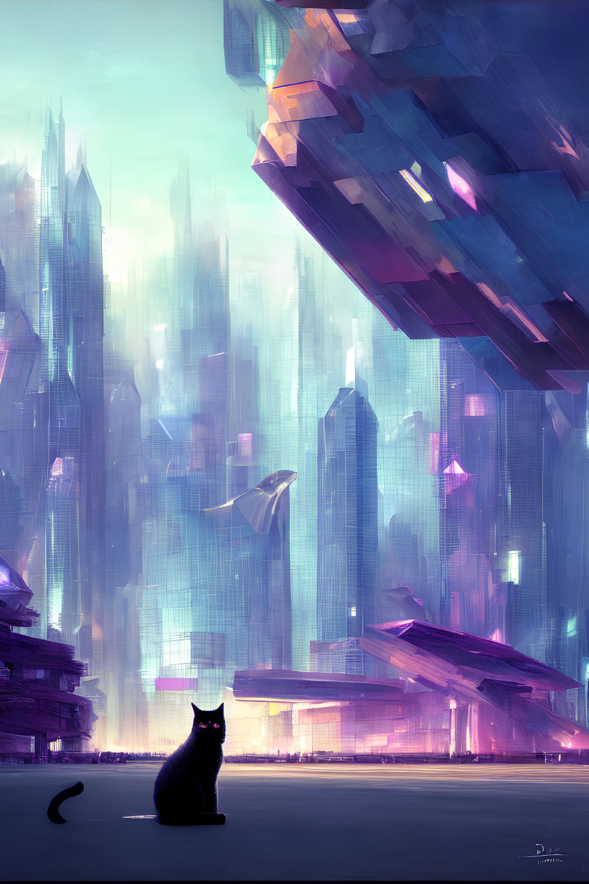 Black cat observing futuristic cityscape with skyscrapers and hovering ships