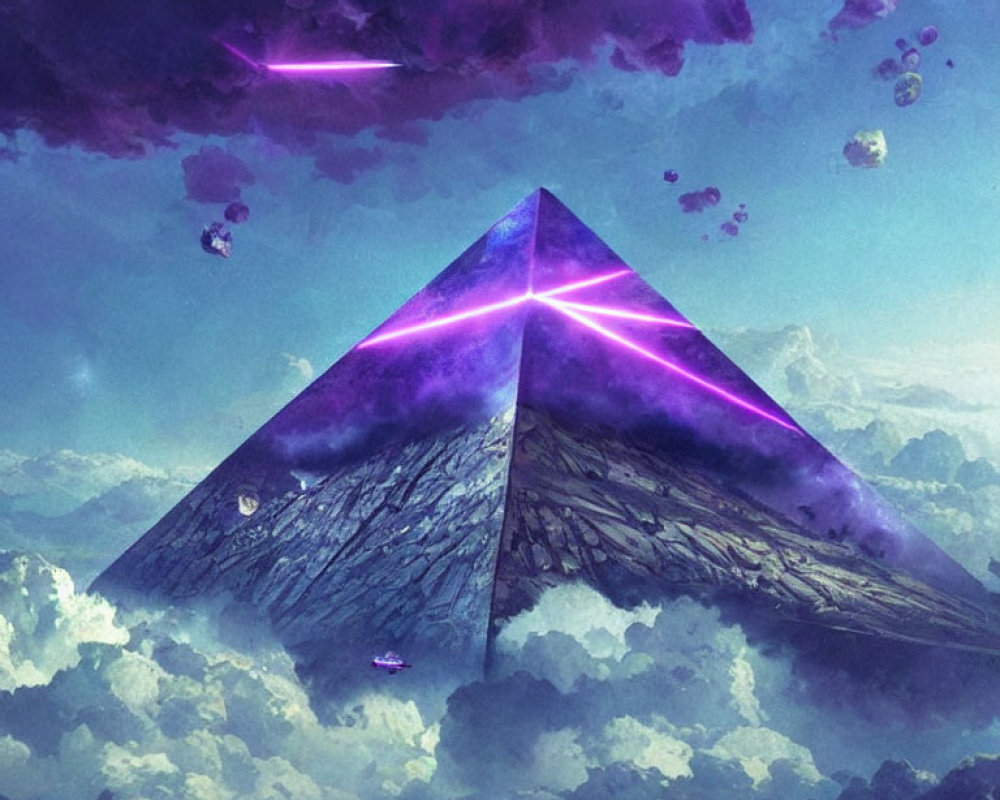 Majestic triangular structure emitting purple light beams in cloudy sky