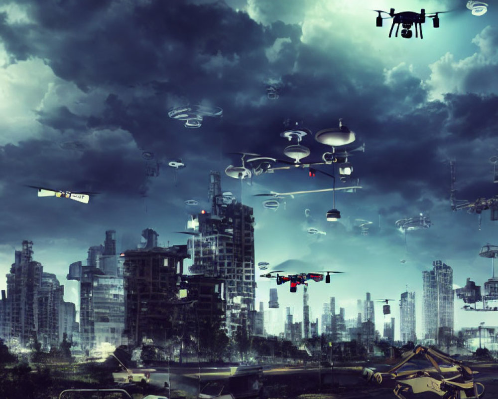 Futuristic cityscape with drones and flying vehicles in stormy sky