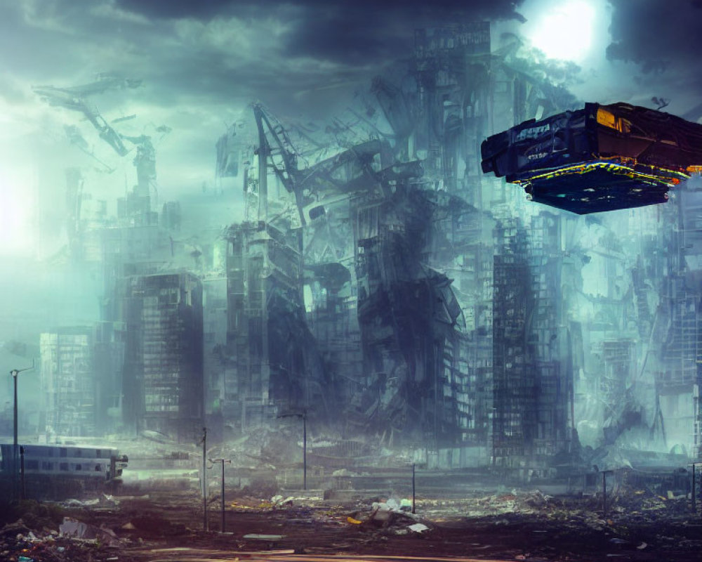 Dystopian cityscape with crumbling skyscrapers and flying vehicle