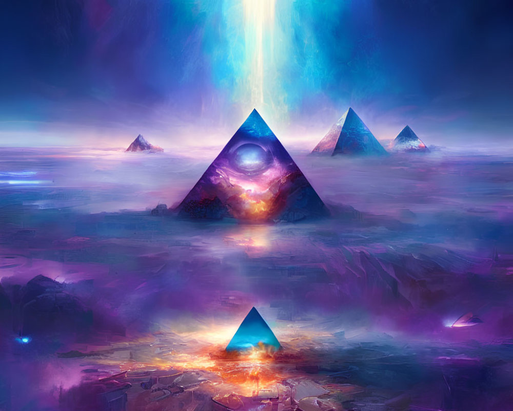 Glowing pyramids in celestial light on purple landscape