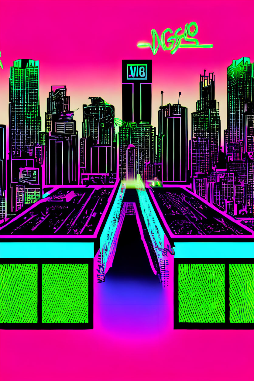 Vibrant pink and green cyberpunk cityscape with skyscrapers and illuminated highway